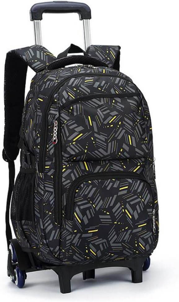 PurePerfect High-Capacity Unisex Rolling School Bag With Trolley on Six Wheels - Black With Yellow Stripes - Image 2