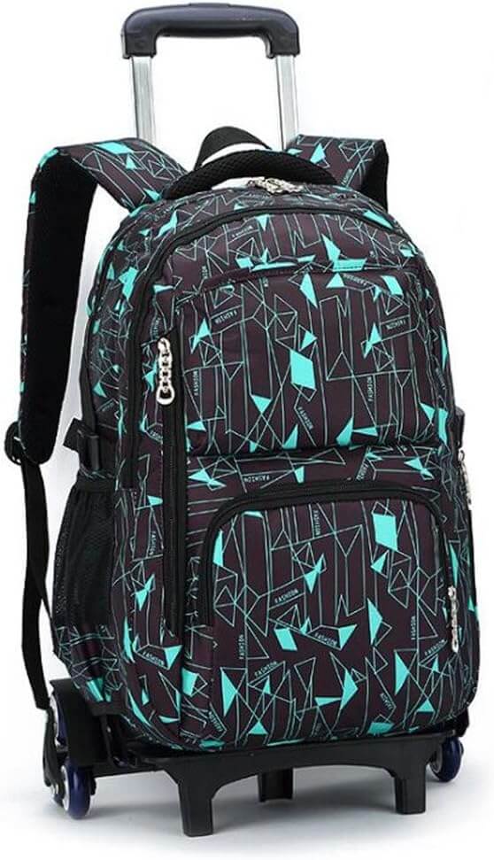 PurePerfect High-Capacity Unisex Rolling School Bag With Trolley on Six Wheels - Black With Teal