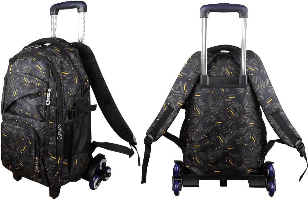 PurePerfect High-Capacity Unisex Rolling School Bag With Trolley on Six Wheels - Black With Yellow Stripes - Image 4