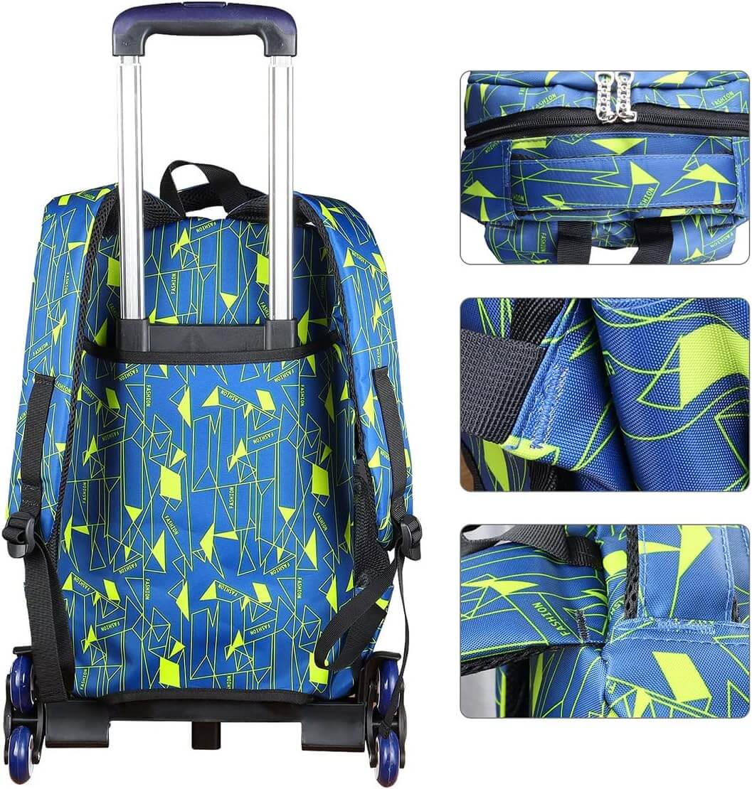 PurePerfect High-Capacity Unisex Rolling School Bag With Trolley on Six Wheels - Blue With Green - Image 3