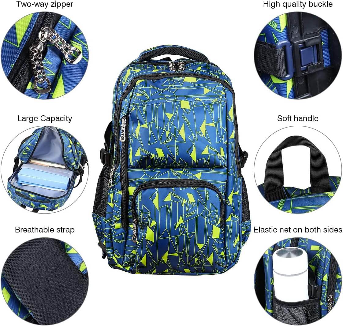 PurePerfect High-Capacity Unisex Rolling School Bag With Trolley on Six Wheels - Blue With Green - Image 4