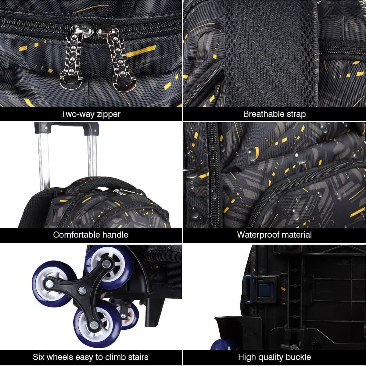 PurePerfect High-Capacity Unisex Rolling School Bag With Trolley on Six Wheels - Black With Yellow Stripes - Image 6