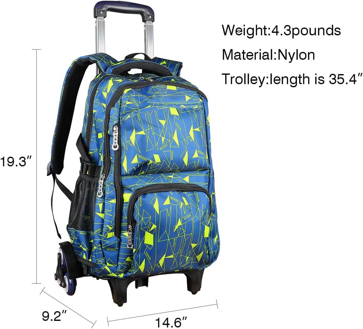 PurePerfect High-Capacity Unisex Rolling School Bag With Trolley on Six Wheels - Blue With Green - Image 5