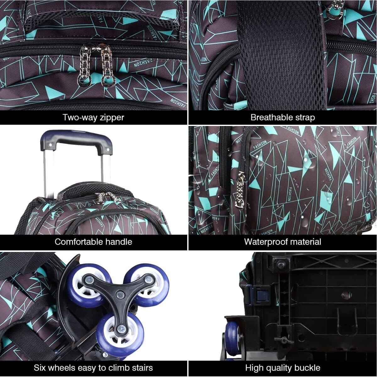 PurePerfect High-Capacity Unisex Rolling School Bag With Trolley on Six Wheels - Black With Teal - Image 5