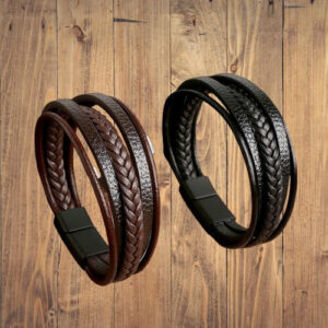 Mens Leather Bracelet Fashion Alloy Magnetic Clasp Multi-Layer Braided Leather Wrap, Black, Brown