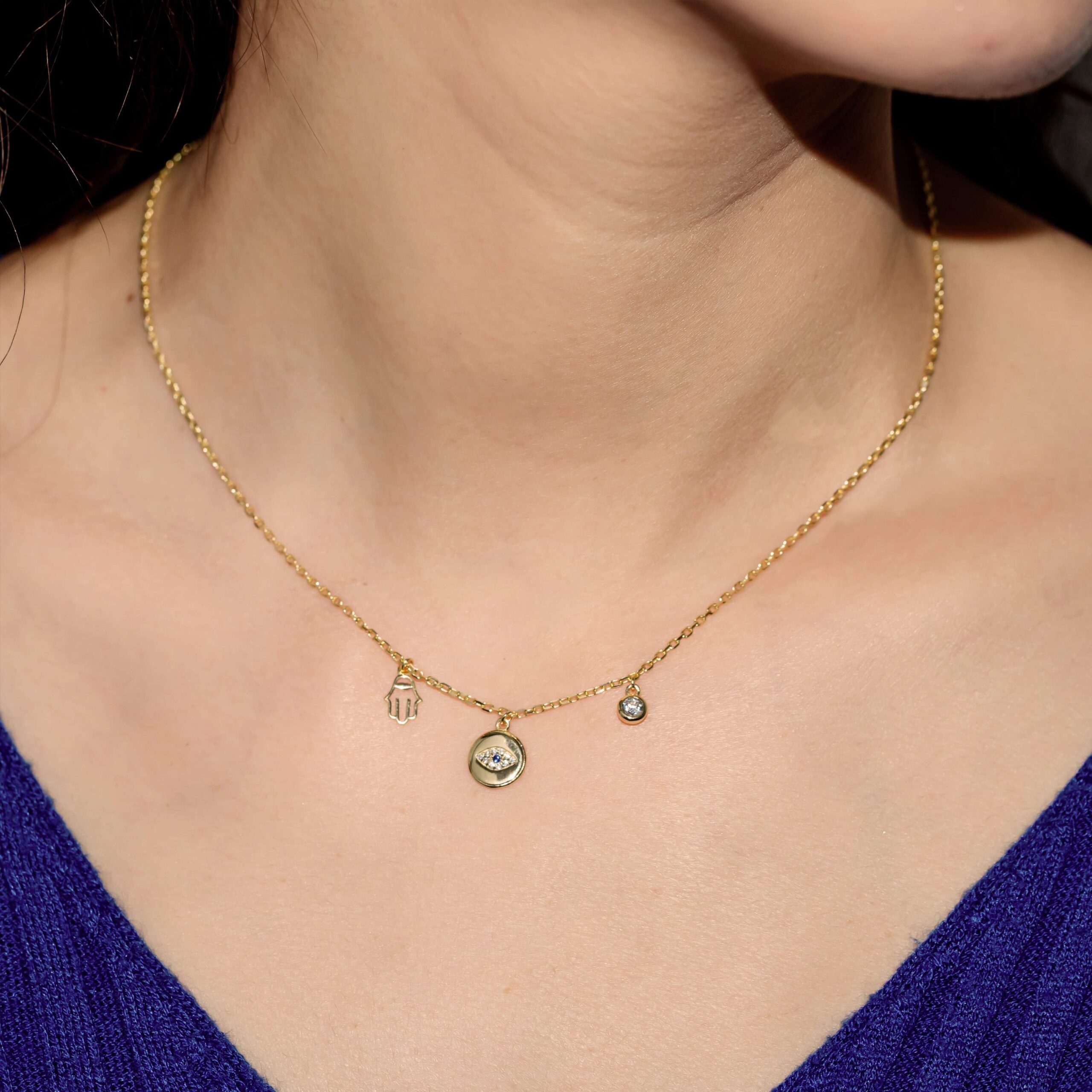 Custom Gold 14K/18K Plated Palm Pendant Fatima Evil Eye Sapphire CZ Hamsa Hand Charm Necklace with Gift Box - Image 4