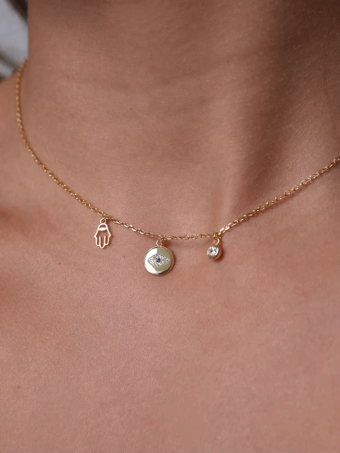 Custom Gold 14K/18K Plated Palm Pendant Fatima Evil Eye Sapphire CZ Hamsa Hand Charm Necklace with Gift Box - Image 2