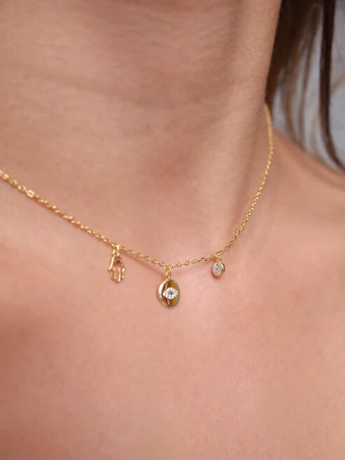 Custom Gold 14K/18K Plated Palm Pendant Fatima Evil Eye Sapphire CZ Hamsa Hand Charm Necklace with Gift Box - Image 3