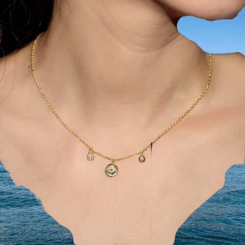 Custom Gold 14K/18K Plated Palm Pendant Fatima Evil Eye Sapphire CZ Hamsa Hand Charm Necklace with Gift Box